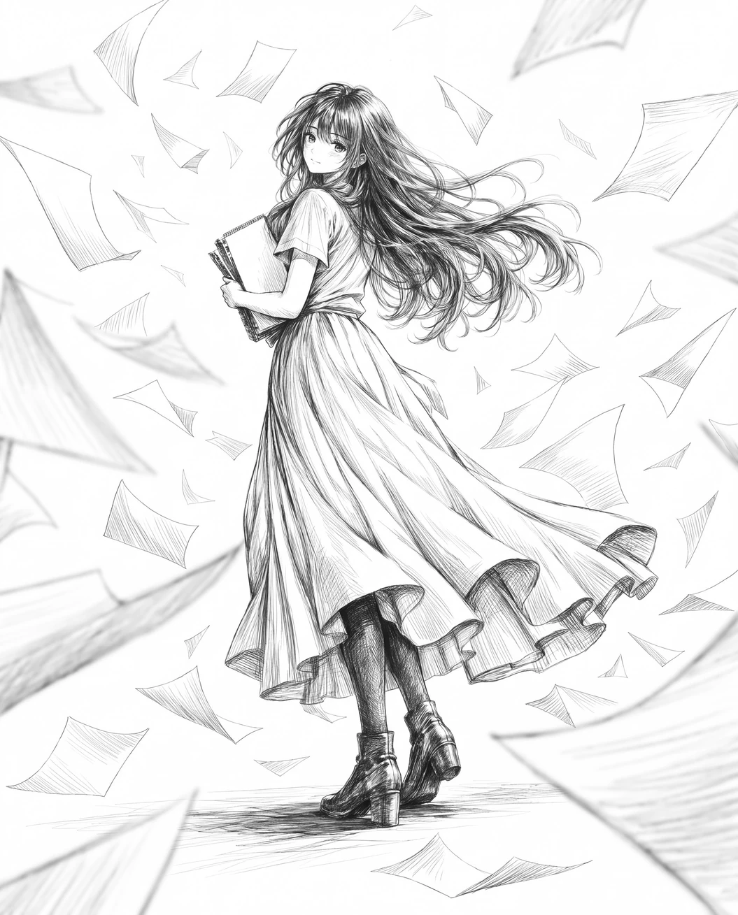 铅笔插画:一位抱着速写本的少女回望,纸页在四周翻飞